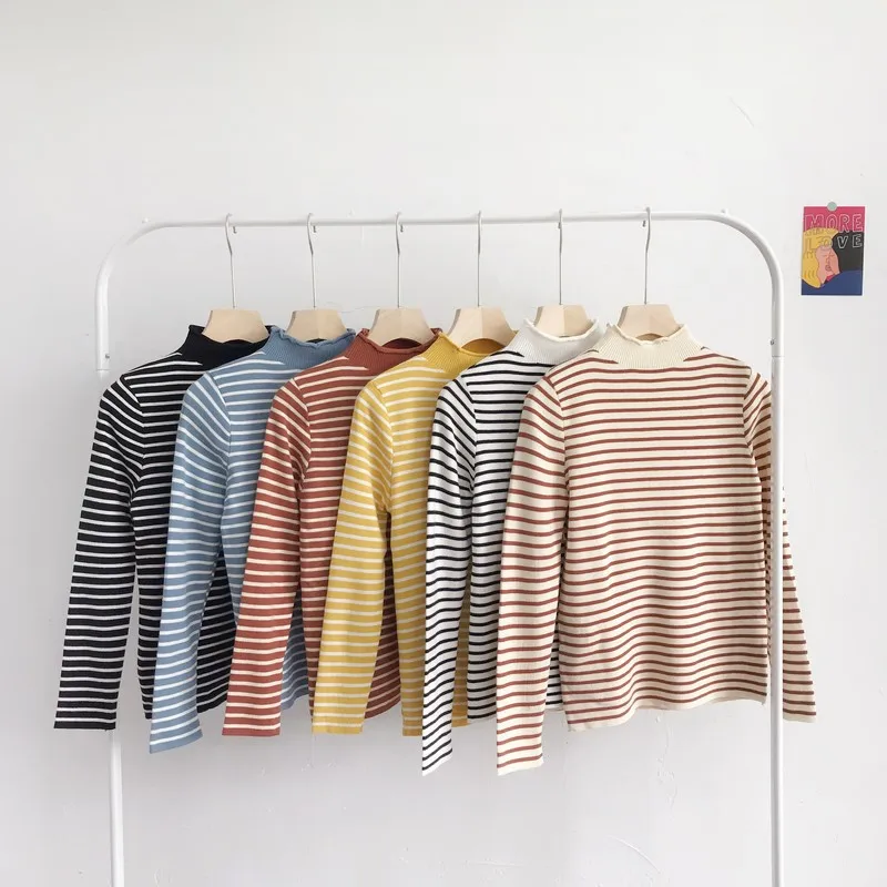 

Half-neck Pullovers Striped Sweater Women 2019 Long Sleeve Fashion Knit Slim Long-sleeved Autumn Winter Korean Sweater Tops