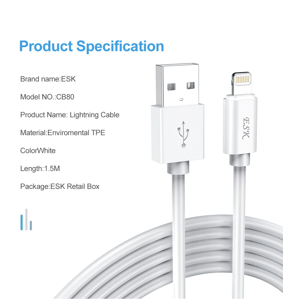 ESK 1,5 m MFi, кабель USB для iPhone X Xs Max XR 2.4A Быстрая зарядка MFi сертифицированный кабель Lightning Phone для iPhone 8 7 6 Plus iPad