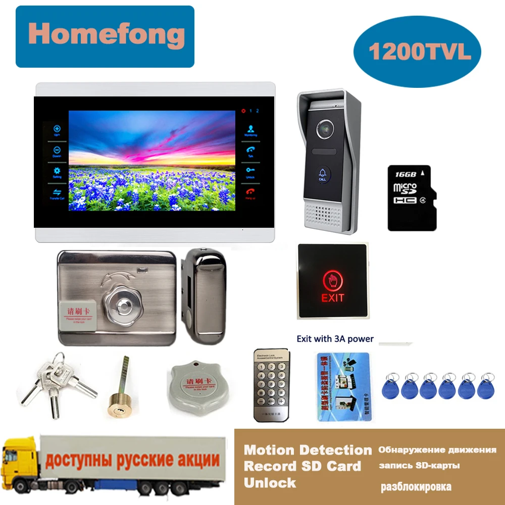 Homefong 7 Inch Video Intercom Electronic Door Lock Exit Touch Button Home Intercom Video Door Phone Doorbell with Camera Record screen intercom Door Intercom Systems