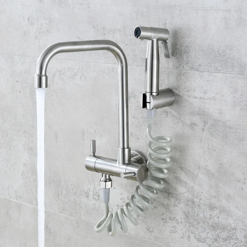 

304 Stainless Steel Wall Horizontal Single Cold Faucet Balcony Spray Gun Set Bidet Nozzle Double Control Double Open