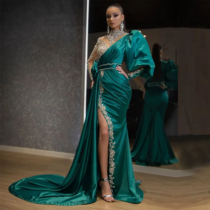 

Eightale Arabic Evening Dresses 2020 High Neck Beaded with Rhinestones Side Split Green Sexy Prom Gown Long Sleeves Formal Party