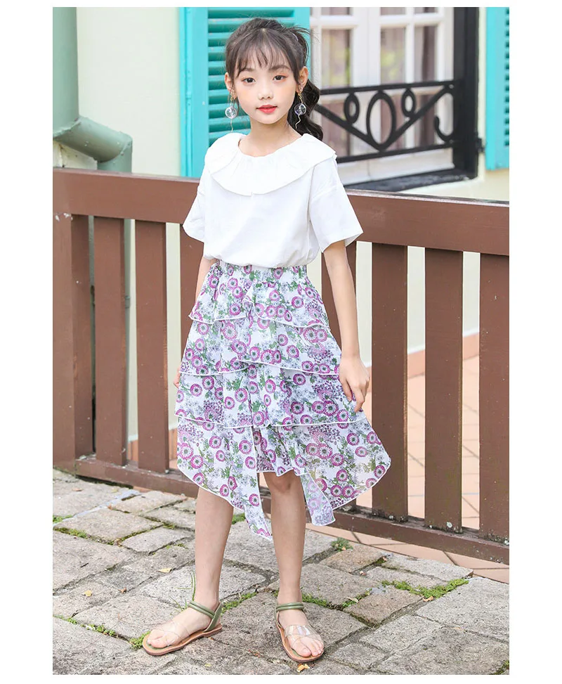 Summer 2020 Chiffon Layered Skirts Dresses For Teenage Girls Floral Printed Asymmetrical Skirt Kids Mid Waist Cute Skirt Clothes (8)