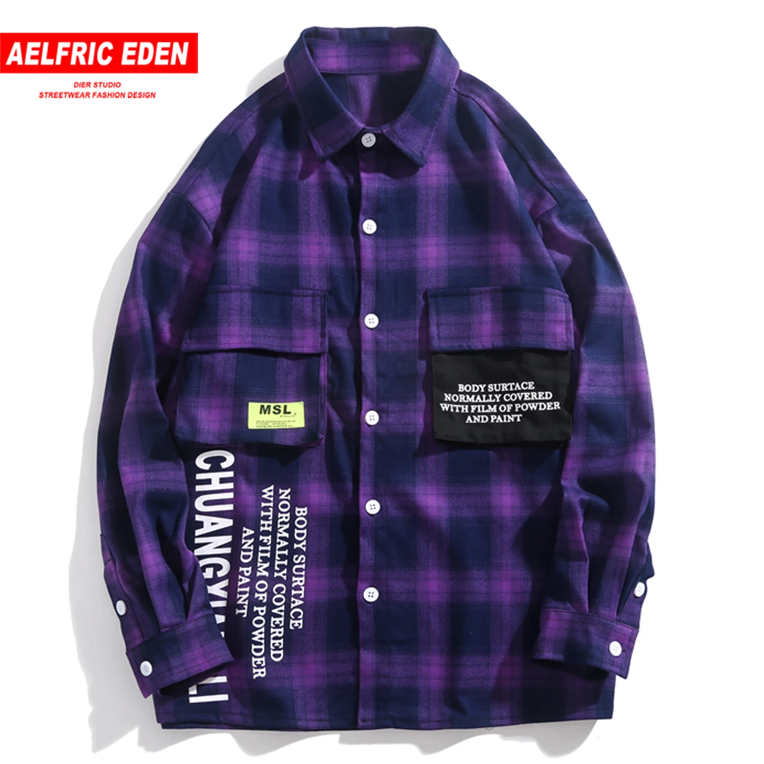 

Aelfric Eden Color Clock Plaid Pockets Mens Shirts Fashion Harajuku Streetwear Hip Hop Patchwork Long Sleeve Casual Cotton Tops