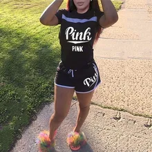 2020 Summer Casual Pink Letter Print Clothing Set Street Women T-Shirts And Striped Drawstring Shorts Suits 2Pcs Outfit