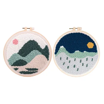

2Pcs Punch Needle Embroidery Kit Soft Yarn Hand Craft Scenery Pattern 20cm