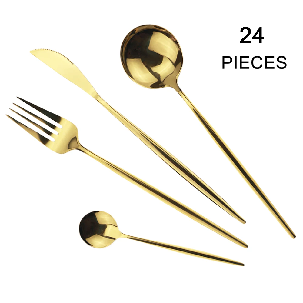 

24Pcs/set Gold Mirror Cutlery Set 304 Stainless Steel Dinnerware Set Knife Fork Spoon Dinner Set Kitchen Flatware Tableware Set