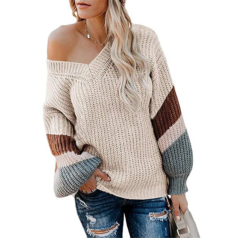 Женский лоскутный Свободный вязаный свитер, осенний свитер с длинным рукавом и v-образным вырезом, Модный пуловер, свитер для женщин - Цвет: apricot