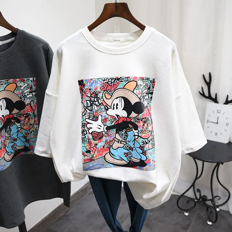 Disney Mickey Mouse T-shirts Women Clothes Kawaii Summer Short Sleeve Casual Mickey Hat T-shirt Lady Black Highstreet Tops Tees