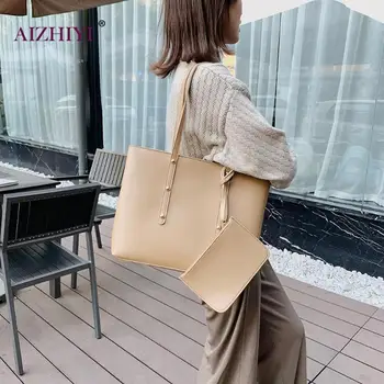 

2pcs/set Casual PU Leather Women Shoulder Bag Female Fashion Pure Color Large Capacity Handbag Shopping Clutch