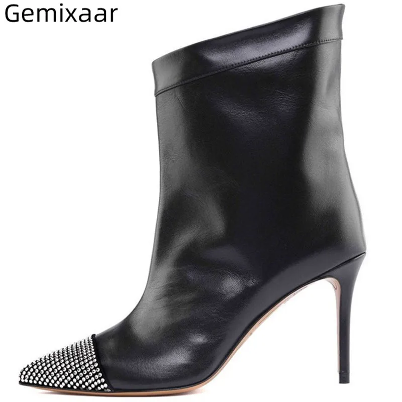 

2019 New Women Boots Pointy Toe Decor Rhinestone Casual Ladies Bottes High Gladiator Heel Comfy Slip On Concise Woman Boots 43