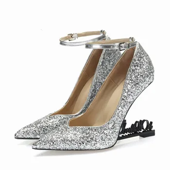 

Strange Heel Women Pumps Paillette Pointed Toe 10CM High Heels Mary Janes Shoes Woman Valentine Shoes Stiletto