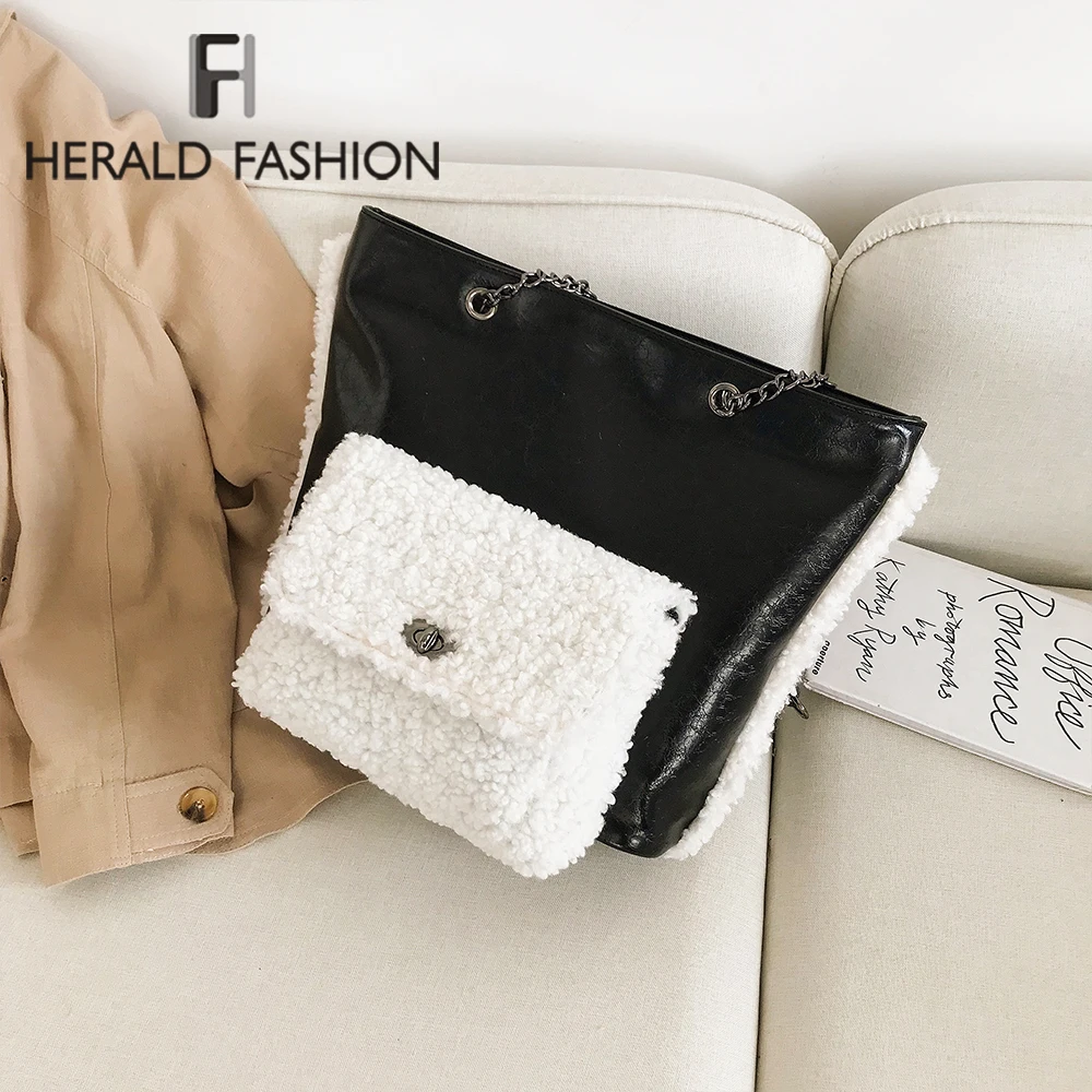 

Winter Faux Fur High Capacity Women Bag Fashion Patchwork Shoulder Crossbody Mother-in-law bag Retro Chain Female Composite Bags