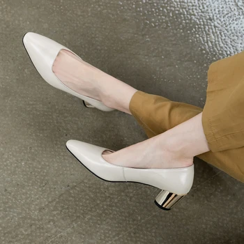 

Karinluna Brand New Elegant Office Lady Chunky Heels Genuine Leather Cow Skin Shoes Woman Pumps