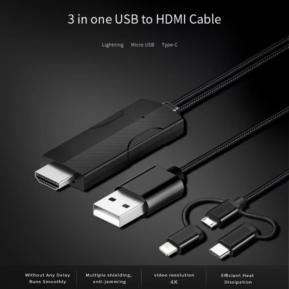 

USB to HDMI Cable Screen Converter Mirroring Multiple Device 4K Super Definition Type-C Micro USB for lightning IOS Android