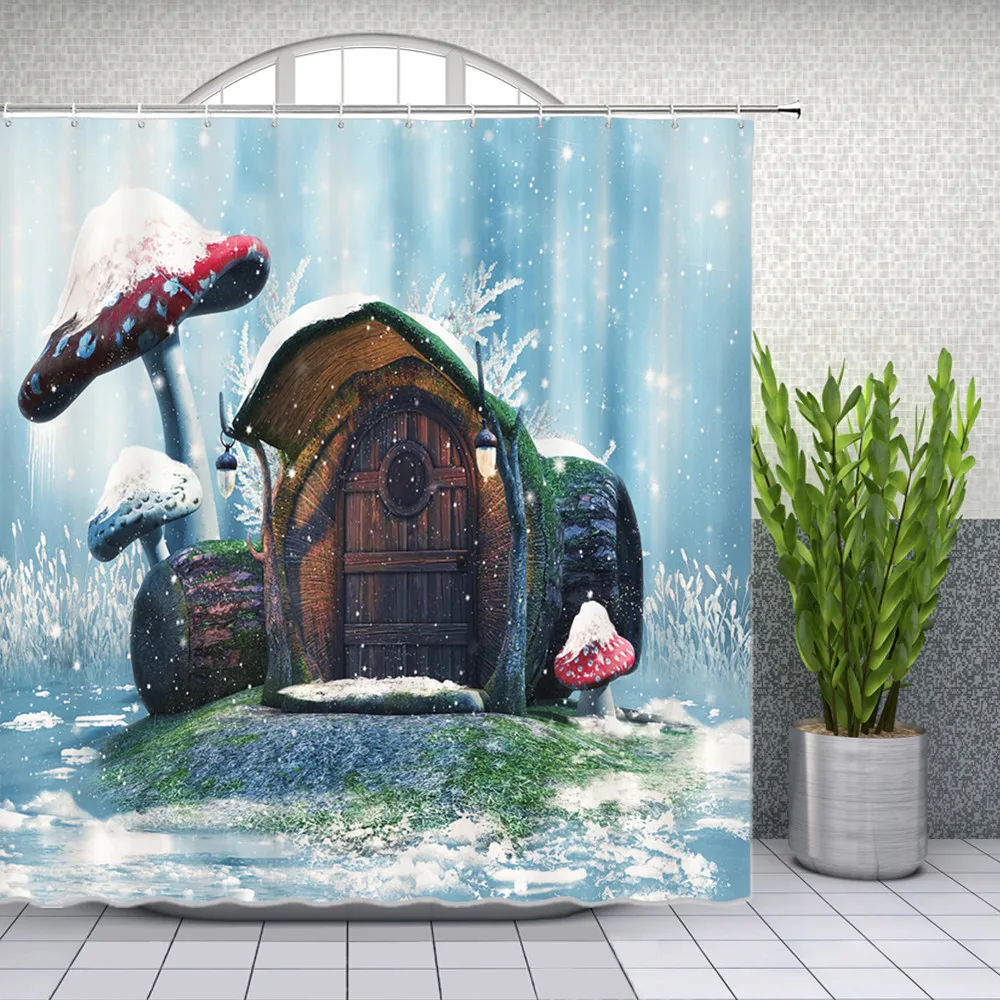 Fantasy Forest Scenery Shower Curtains Creativity Mushroom House Flower Butterfly Bathroom Decor Waterproof Bath Cloth Curtain