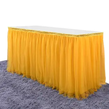 

Gold Color Table Skirt with Magic Sticker for Home Wedding Party Decoration
