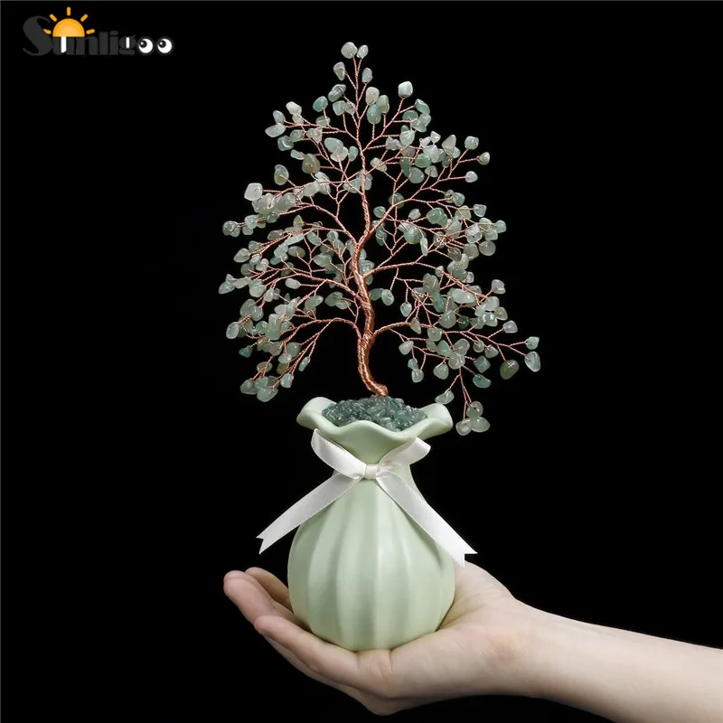 1x Green Aventurine Sunligoo денежное дерево, фэн-шуй, украшения, мини-румяный драгоценный камень, бонсай, дерево, статуэтки, керамическая ваза, для гостиной, офиса, домашнего декора - Цвет: 1x Green Aventurine