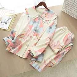 Spring and Autumn New Ladies Pure Cotton Knitted Pajamas Suit Simple Big Flower Doll Collar Home Service Women Long Sleeves