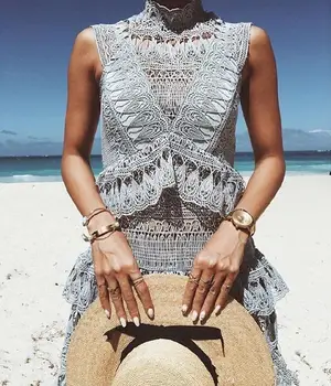 

New high-end custom dress sping fashion runway dresses women's summer high waist hollow out sexy lace dress