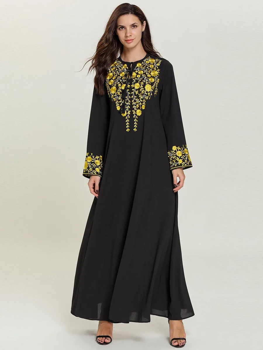 BNSQ элегантное исламское черное платье с длинными рукавами abaya Дубай с золотой цветочной вышивкой высокого качества одежда Ramadam Макси M-4XL