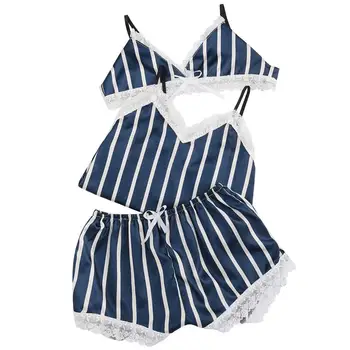 

Women's Pajamas 3PC Sexy Satin lace stripes Lingerie sling Underwear with bow shorts Sleepwear plus size W@