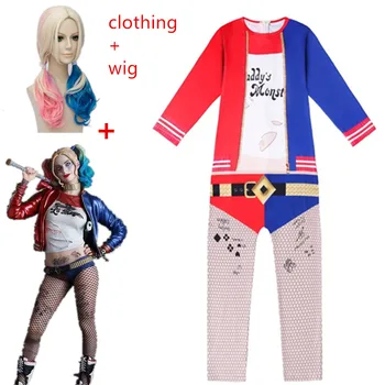 

Children Clown female Harley Quinn anime Cosplay Costumes 2019 Kids Girls Halloween Christmas Party Clothing 3D Jumpsuits+wigs