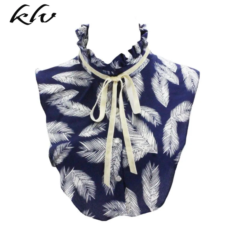 

Women Stand-Up Ruffles Fake Collar Leaves Printed Detachable Half Shirt Blouse