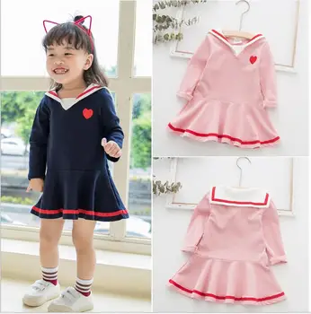 

2019 autumn children's clothing new girls dress trend navy wind v-neck love embroidery ruffled princess dress