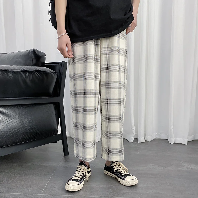 

Plaid Pants Men's Fashion Retro Drawstring Casual Pants Men Streetwear Wild Loose Hip Hop Straight Trousers Mens M-2XL