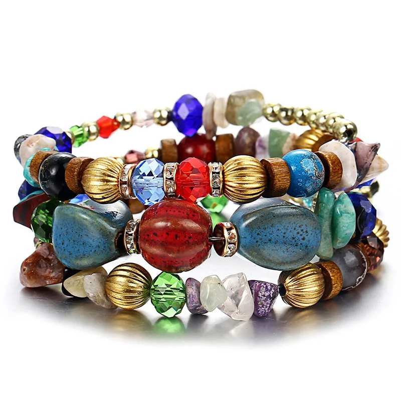 

Fashion Natural Stone Crystal Charm Bangles For Women Bohemian Style Jewelry Multilayer Candy Color Bead Ceramic Men's Bracelet