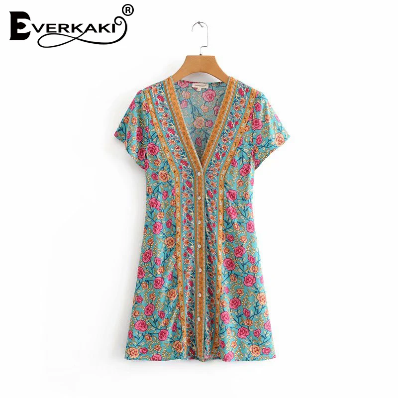 Everkaki Boho мини-платье женское с цветочным принтом на осень со шнуровкой сзади винтажное повседневное женское короткое платье Vestidos женское Новинка