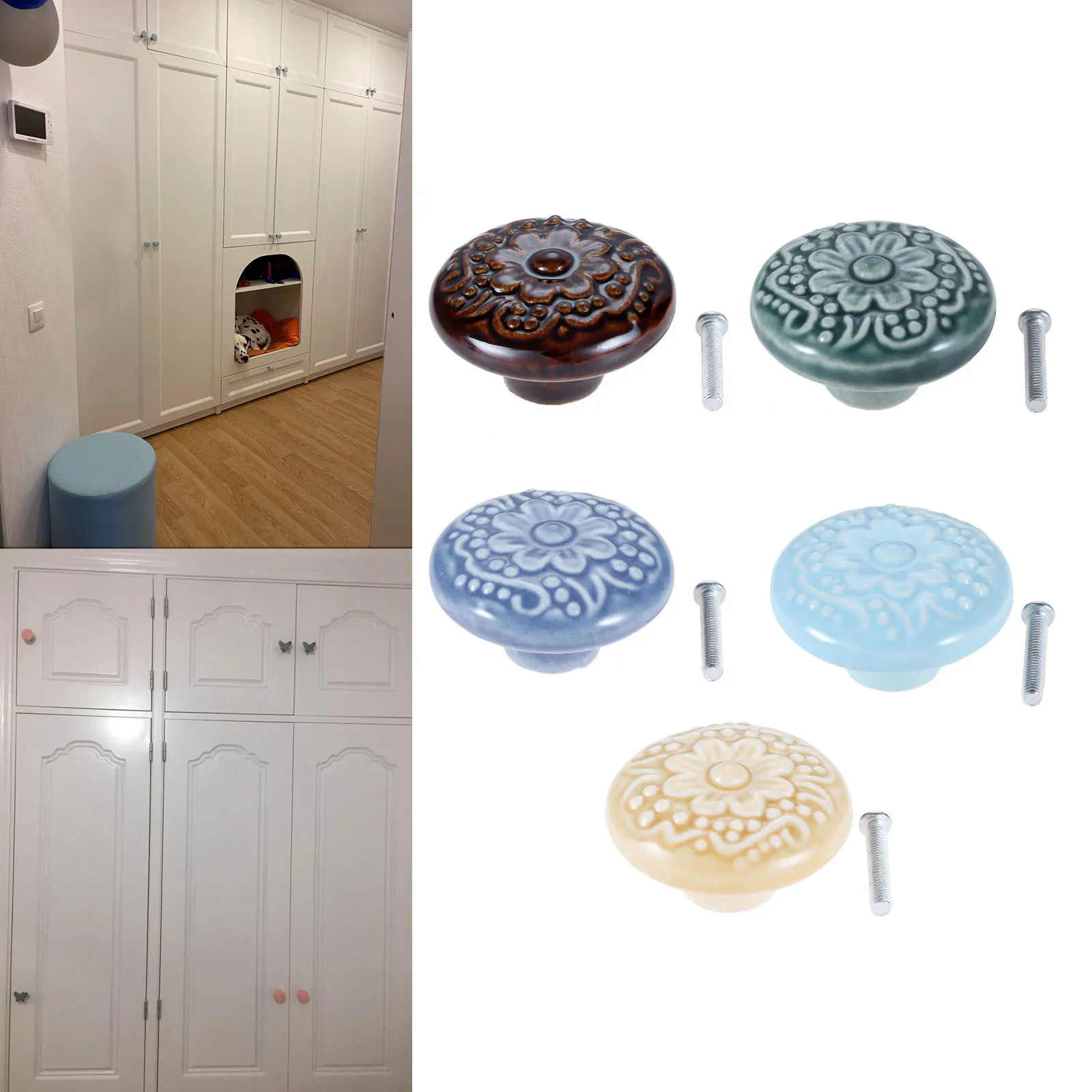 Furniture Knobs Painted Ceramic Ball Handle Cupboard Dresser Drawer Round Pull Decor Retro Kitchen Country Screw
