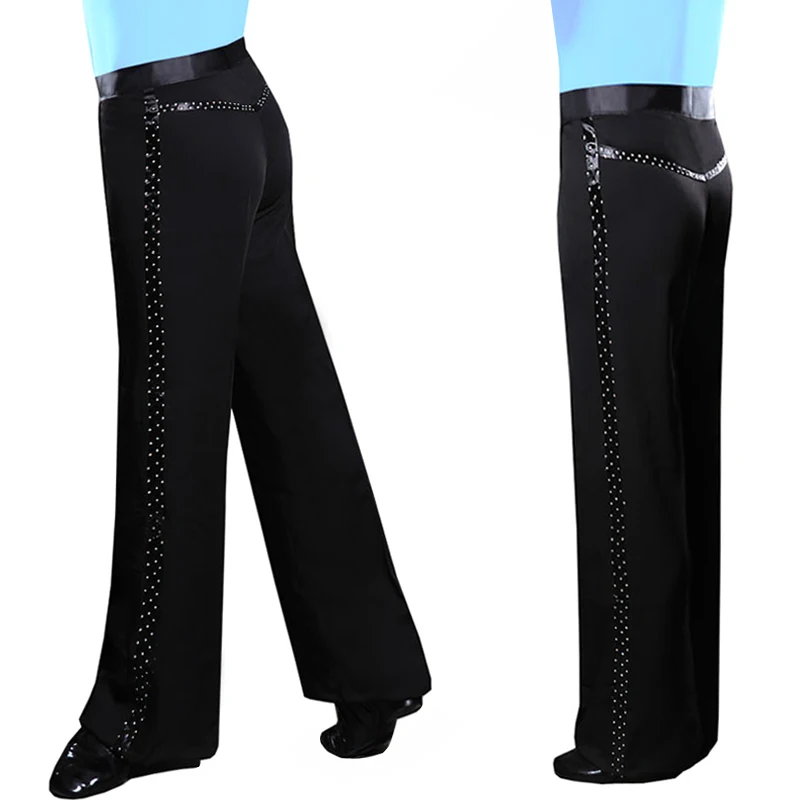 

Adult Men Latin Dance Pants ChaCha Tango Dancing Competition Clothes Rhinestone Black Trouser Waltz Ballroom Dancewear VDB4627