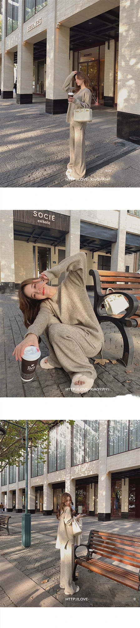 Tracksuit 2 Piece Set Solid Color Knitted Loose Pullover Sweater JKP4856