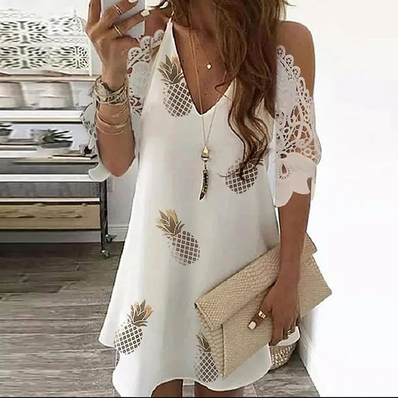 Купить Off Shoulder Embroidered Lace Patchwork Mini Dress Women V Neck Floral Print Summer Elegant Short Sleeve A-Line Sexy  Женская одежда | Женские платья (1005001317041029)