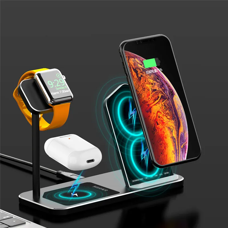 Для Airpods Pro Apple Watch 5/4/3/2/1 IPhone 11» бетонный завод Qi Беспроводной Зарядное устройство Подставка Алюминий сплав на основе быстрая зарядная док-станция