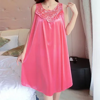 

Summer Sexy Nightgowns Women Nightwear Satin Ice Silk Sleepwear Plus Size Loose Solid-Color VNeack Sleeveless Lingerie