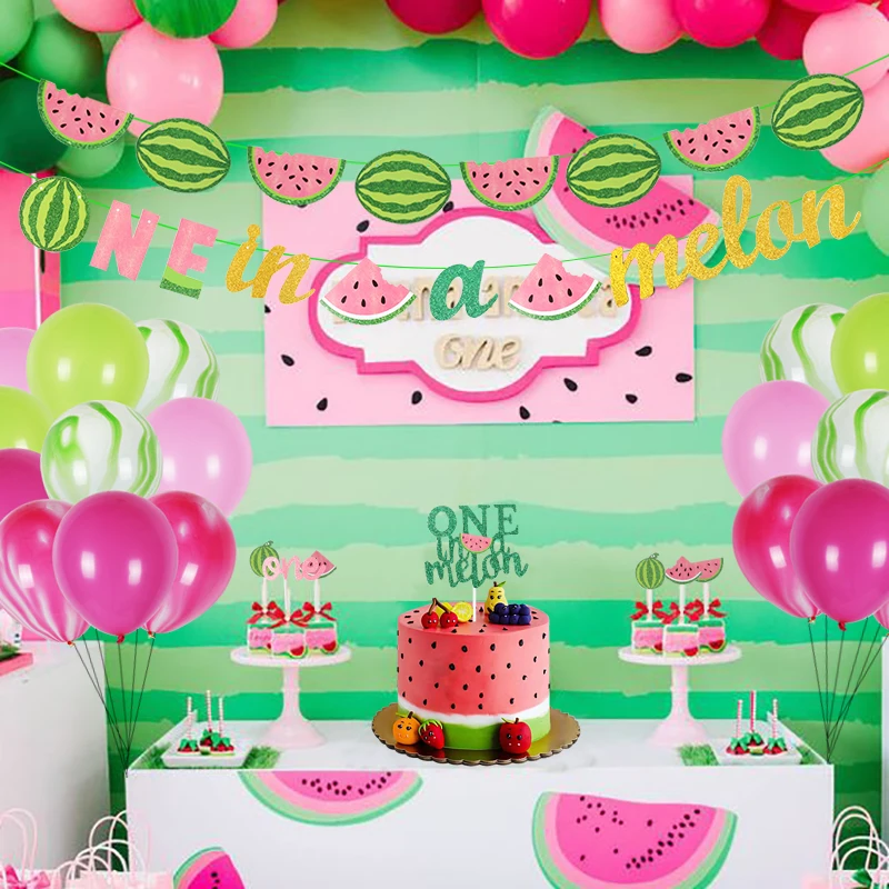 

One in a Melon Cake Topper Paper Banner for Kids One year Old Party Decoration First 1st Birthday Party Supplies Summer Fruit