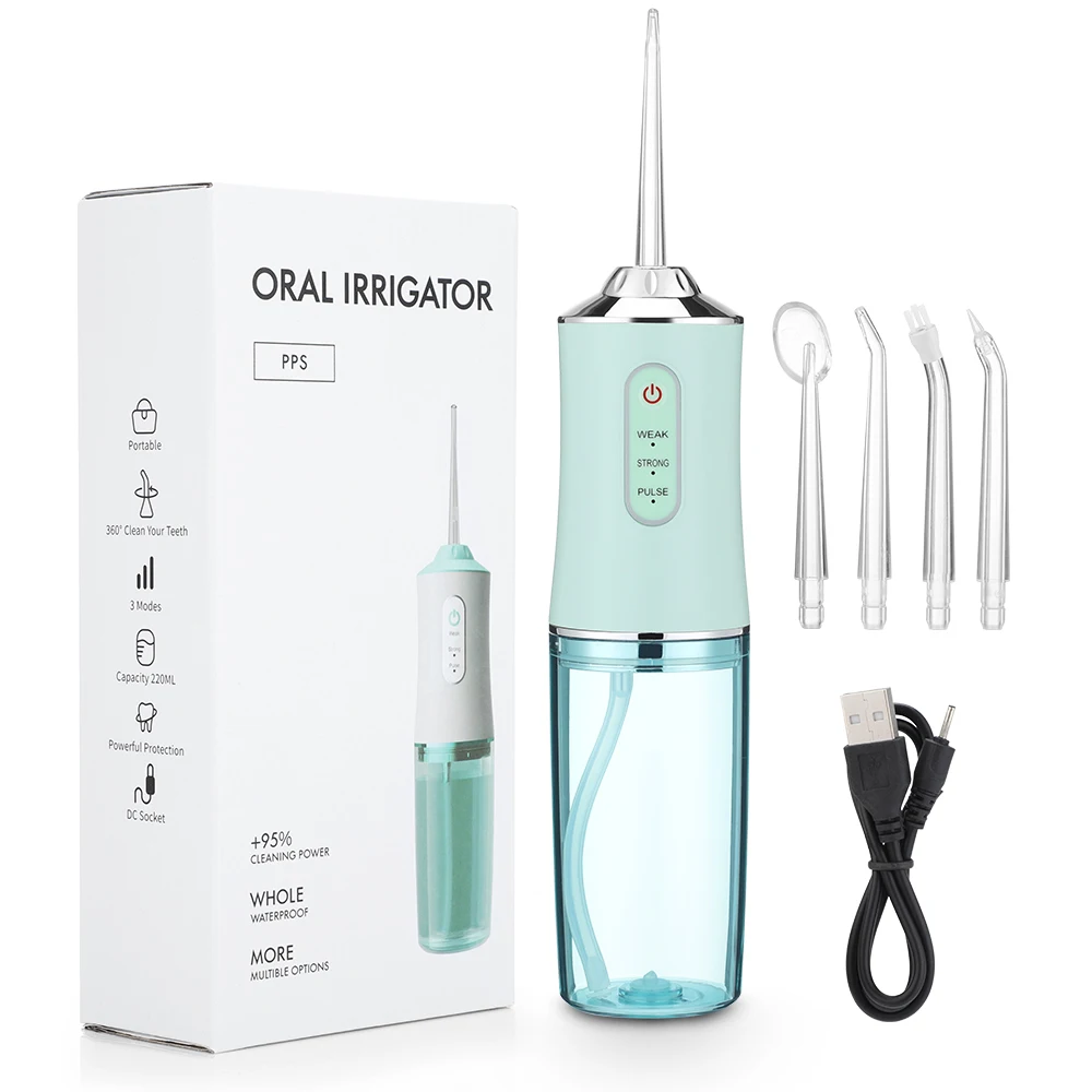 Oral Irrigator Portable Dental Water Flosser USB Rechargeable Water Jet Floss Tooth Pick 4 Jet Tip 220ml 3 Modes IPX7 1400rpm 1