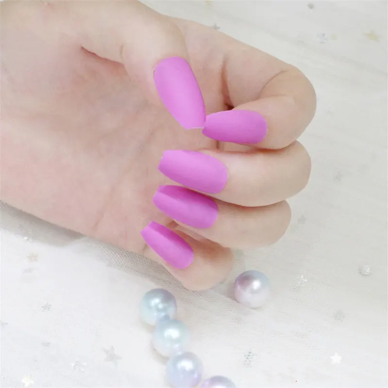 Матовые накладные ногти из искусственной кожи, розовая форма гроба, накладные ногти для девочек, Короткие матовые балерины, накладные ногти с наклейкой для ногтей - Цвет: m13-614