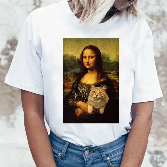 Забавная футболка Mona Lisa Cat для женщин Kawaii Топы Футболка Harajuku 90s Kawaii одежда футболка уличная Ulzzang Женская летняя футболка - Цвет: 6037