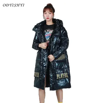 

Glossy Down Coat Women Parka 2020 New Winter Korean Loose Embroidery Letter Thick Long Padded Jacket Female Warm Outerwear DH220