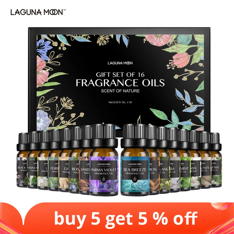 Lagunamoon 10ml*16pcs Kit Fragrance Oil Set Ylang Jasmine Lily Fresh Linen Sandalwood Diffuser Oil Essential Oil for Candle Soap