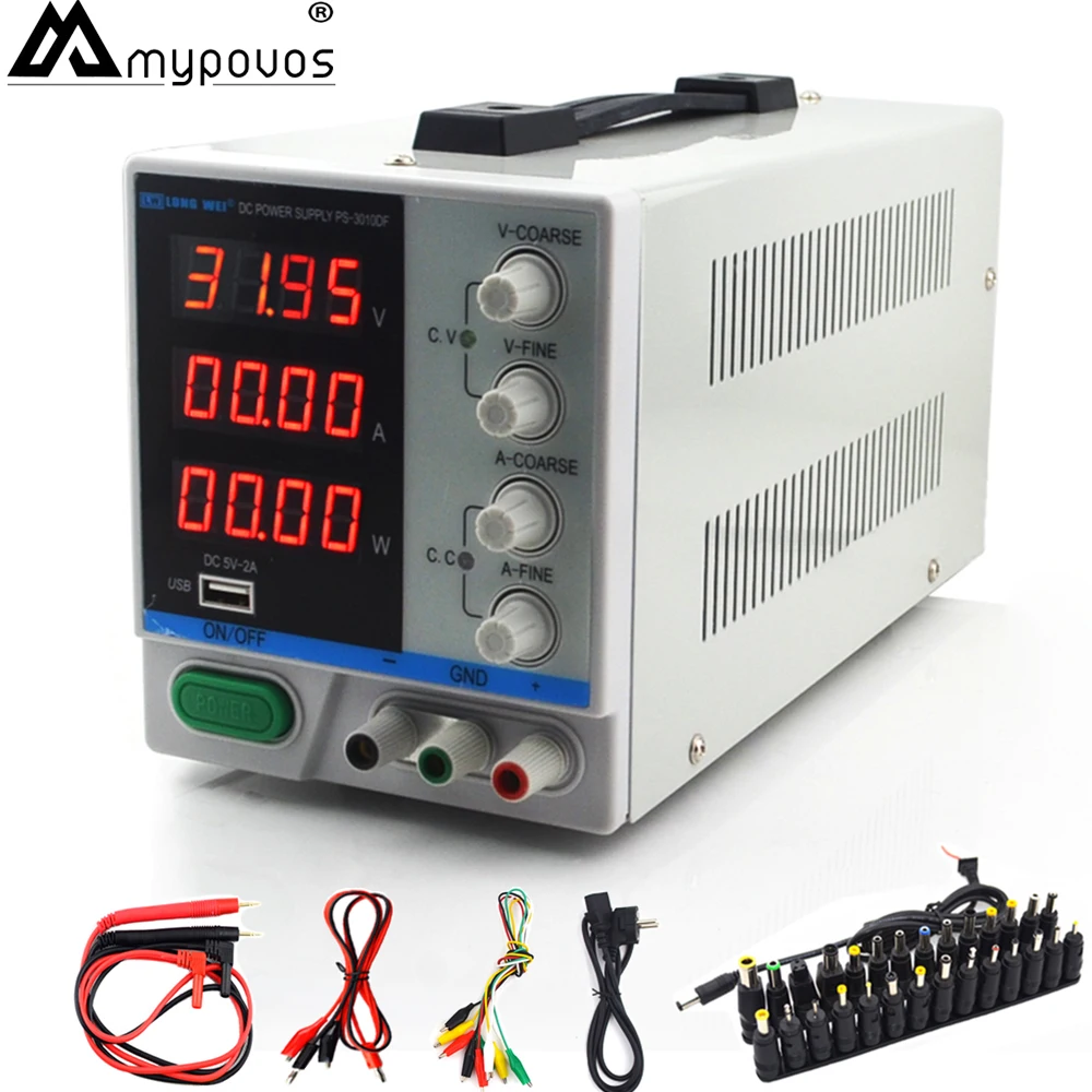 

New 4 Digit Display 30V 10A Laboratory DC Power Supply Adjustable USB Charging Repair Switching Regulated Power Supply PS-3010DF