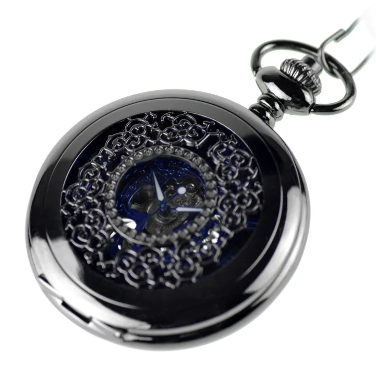 Синий цвет стимпанк Скелет механический карманные часы ожерелье карманные, на цепочке мужские часы старинные классические