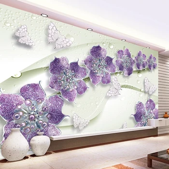 

Custom Mural Wallpaper 3D Fresco Diamond Butterfly Flower Jewellery Living Room Sofa TV Background Wall Art Papel De Parede 3D