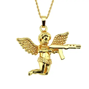 

New Mens Hip Hop Gold Plated alloy Angel Wing Pendant Necklace With Chain Fashion Jewelry Gift