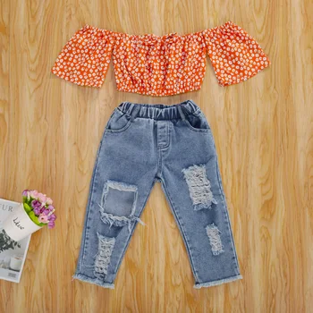 

2020 Baby Clothing Summer Outfit Flowers Off-Shoulder Short Sleeves Top + Ripped Jeans Suits for Newborn Toddler Girls 9M-5Y