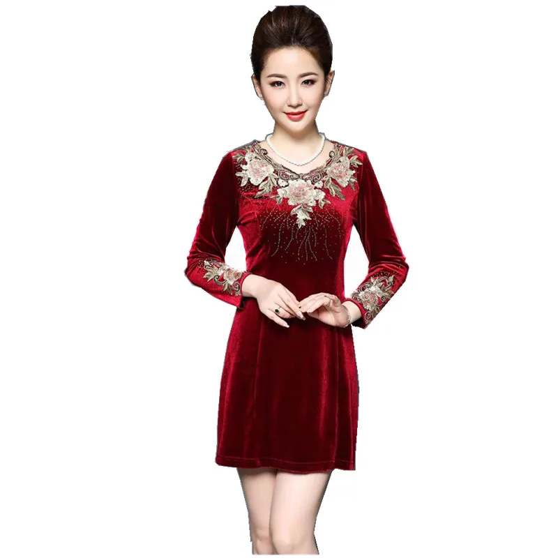 Women Gold Velvet Dress Embroidery Long Sleeve Short Dress Middle Aged Mother Bottom Slim