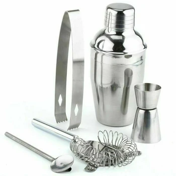 

5Pcs Stainless Steel Cocktail Shaker Mixer Wine Maker Tools Straw Spoon Ice Tong Double Jigger Bar Drinks Bartender Sets Gift